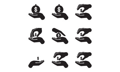 Set of Vector Silhouettes Featuring Hands Holding and Giving Money Symbols