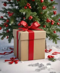 Gift box and red ribbon under a Christmas tree branch with snowflakes and holly, snowflakes, gifts