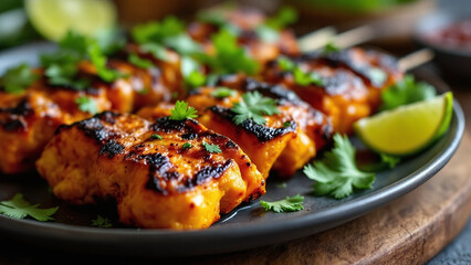 Spring kebab garnished with cilantro and lime, displayed on a black plate.