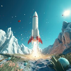 Obraz premium Rocket Launching Into the Bright Blue Sky Surrounded by Majestic Mountains and Lush Greenery, Symbolizing Exploration and Innovation in Space Travel