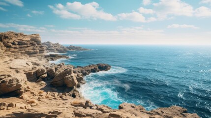 Coastal Landscape with Rocky Shoreline and Vibrant Blue Ocean Under a Clear Sky, Perfect for Travel, Nature, and Adventure Projects.