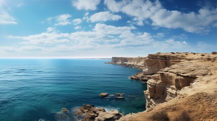 Fototapeta premium Coastal Landscape with Dramatic Cliffs and Clear Blue Waters Under a Bright Sky and Soft White Clouds During a Sunny Day