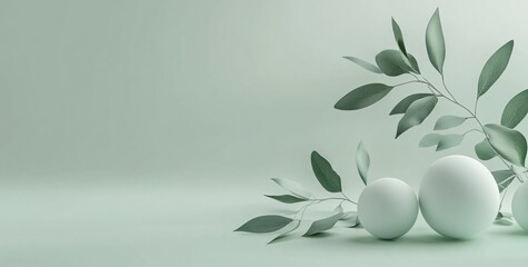 Minimalistic green aesthetic with leaves and spheres on soft background