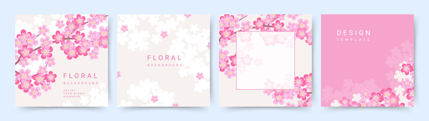 Spring backgrounds set with pink flowers. Cherry blossom branch. Vector illustration in flat style for social media post, cover, card, invitation, banner, advertising, design © Feodora_21