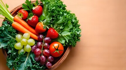 A wooden cutting board adorned with an assortment of fresh fruits and vegetables, highlighting healthy eating choices

