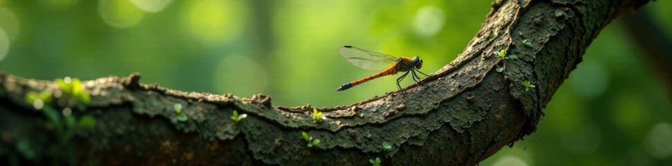 Dragonfly rests upon the twisted trunk of an ancient tree, botanical, tree