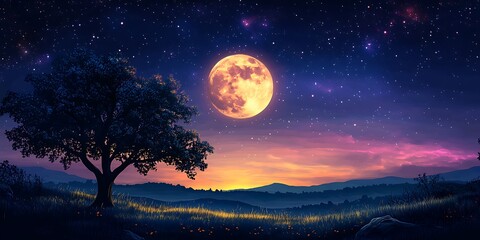 Moonlight Meadow, Tree Silhouette, Night Landscape