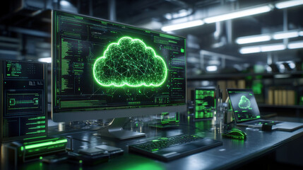 tech lab showcasing holographic cloud network with glowing green graphics on multiple screens, creating futuristic atmosphere