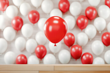 Obraz premium A red and white balloon is floating above a wall of red and white balloons
