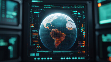 3D hologram of Earth displayed on futuristic screen, showcasing vibrant data visualization and technology. globe highlights continents with glowing details