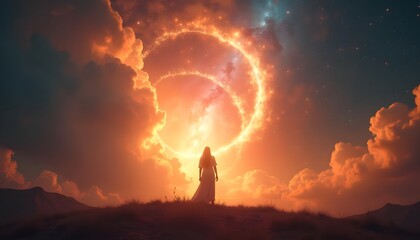 Woman Silhouette Facing Fiery Celestial Ring Sunset Landscape