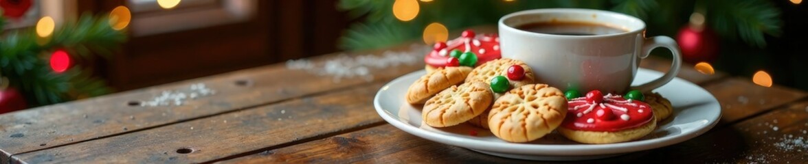 A festive holiday-themed cookie plate on a wooden desk with a fresh cup of coffee, cookies, cup