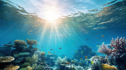 Underwater View of Coral Reefs and Vibrant Marine Life Illuminated by the Sunlight Streaming Through the Clear Ocean Water