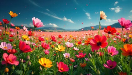 Fototapeta premium Vast field of cosmos flowers in various stages of blooming, flowers, garden