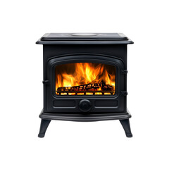 black wood burning stove with vibrant fire, providing warmth and comfort. Isolated on white background