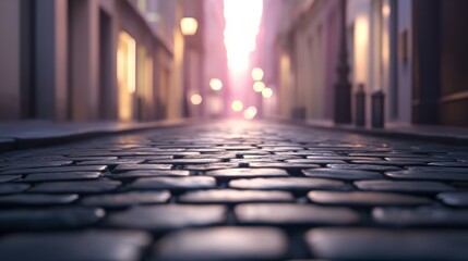 Obraz premium Serene cobblestone alleyway at dusk with glowing lights and a soft haze in the background