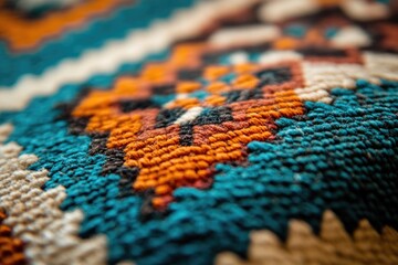 Close-up view of richly textured fabric with vibrant teal, orange, and cream patterns.