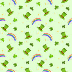 Saint Patrick’s day seamless pattern with shamrock clover leaves, rainbow and leprechaun hats
