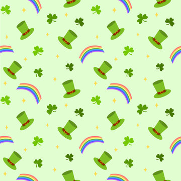 Saint Patrick&rsquo;s day seamless pattern with shamrock clover leaves, rainbow and leprechaun hats