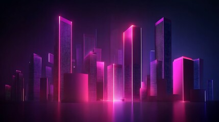 Fototapeta premium A futuristic cityscape with glowing pink and purple skyscrapers reflecting in a dark environment.