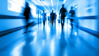 A blurred image of people walking down a hospital corridor, illuminated by overhead lights, creating a sense of motion and urgency.