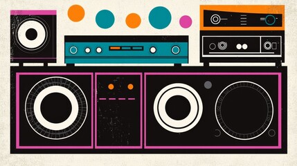 Fototapeta premium Retro Stereo System Geometric Composition, Colorful Abstract Image, Mid-Century Modern Concept, Audio Equipment Illustration Retro design, Mid Century Modern