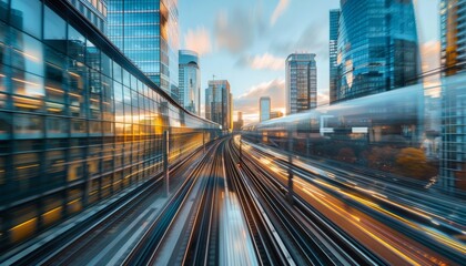 Fototapeta premium A vibrant cityscape featuring modern skyscrapers, dynamic train tracks, and a stunning sunset, creating a sense of motion and urban energy.