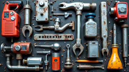 A collection of various tools, parts, and equipment commonly used in metalwork or maintenance.