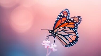 Fototapeta premium vibrant monarch butterfly on delicate flower with soft pastel background