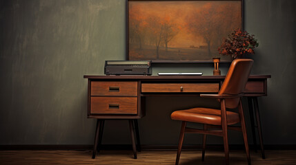 Cozy Workspace with Wooden Desk, Artistic Wall Painting of Trees, Elegant Leather Chair, and Minimalist Decoration for Inspiring Office Environment