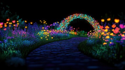 Enchanted Night Garden Pathway with Vibrant Heart-Shaped Flowers and Lights