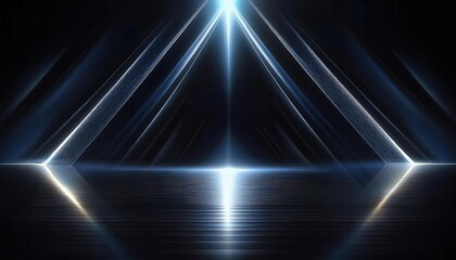futuristic illuminated corridor with reflective metallic floor and dramatic blue light beams in a dark abstract sci-fi environment