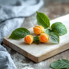 Cape gooseberry (Physalis peruviana) on wooden board