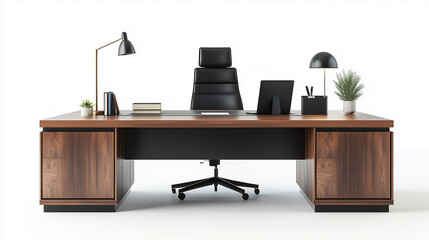 Elegant executive wooden desk with chair and lamp isolated on white background for office design