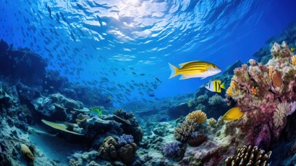 Obraz premium Underwater Scene Featuring Diverse Marine Life Swimming Amongst Colorful Coral Reefs in Clear Blue Ocean Waters