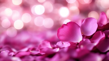 Obraz premium Delicate Pink Rose Petals Decorate Soft Blurred Background with Sparkling Lights
