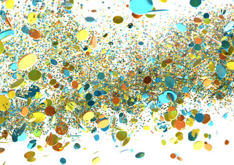Abstract background with golden confetti and black circles exploding on a white background. Perfect for celebration, party, or festive designs.
