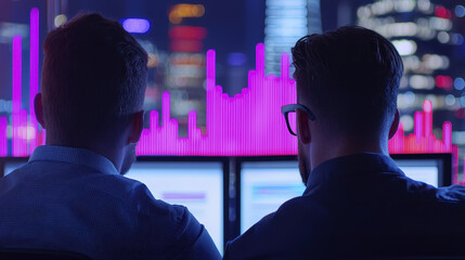 Two professionals analyzing data on computer screens with vibrant city skyline in background, showcasing teamwork and technology