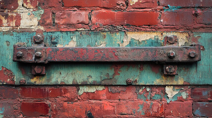 Rusty metal bar on a weathered brick wall showcasing urban decay and texture