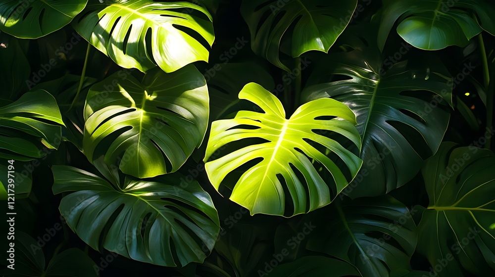 Poster vibrant green monstera leaves in natural light displaying unique patterns and textures creating a lu