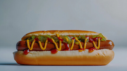 A close-up of a perfectly cooked hot dog, with mustard, ketchup, and relish drizzled artistically on top, all resting in a soft bun against a minimalist white background, showcasin