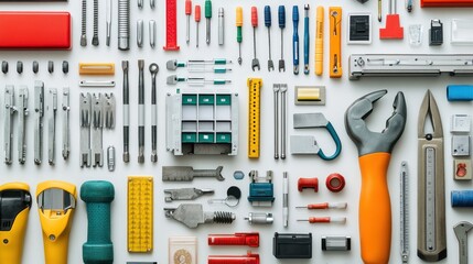 Fototapeta premium Flatlay of various colorful tools and instruments on white background.