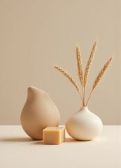Vases and wheat stalks with a bar of soap on a surface