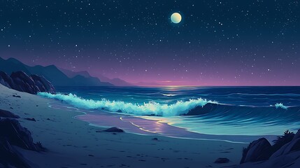 Obraz premium A serene beach scene at night with waves, a moon, and a starry sky.