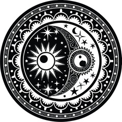 Sun and Moon Mandala
An intricate mandala design featuring a sun and moon intertwined with celestial patterns. Adobe Illustrator Artwork