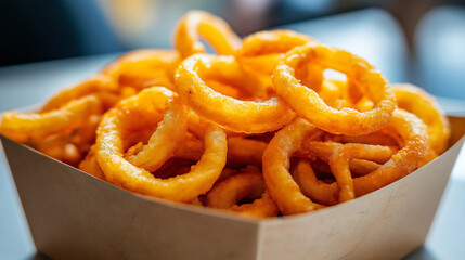 A close-up of a portion of golden curly fries nestled in a simple paper box, with the light playing off their crispy edges, against a clean and bright backdrop, emphasizing the tex