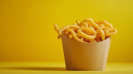 A portion of freshly fried curly fries arranged in a paper box, with their crispy curls catching the light, set against a plain, bright backdrop that highlights the simplicity and