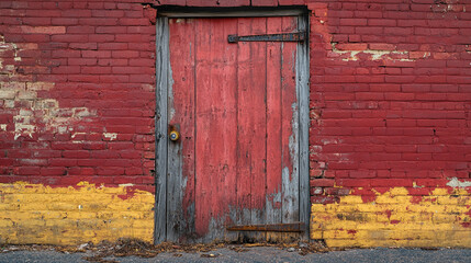 Decorative red door on a weathered brick wall in urban setting captures a rustic charm