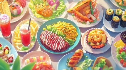 Overhead view of many colorful dishes on a table.