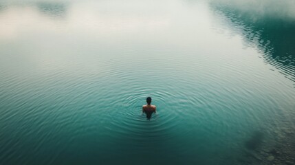 Fototapeta premium A solitary figure wades into a serene turquoise lake surrounded by misty mountains